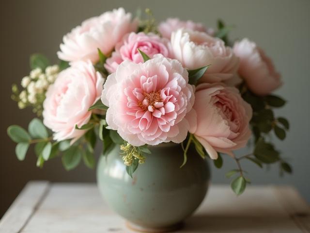 Arreglo floral 'Dulce Amanecer' con peonías rosas y eucalipto