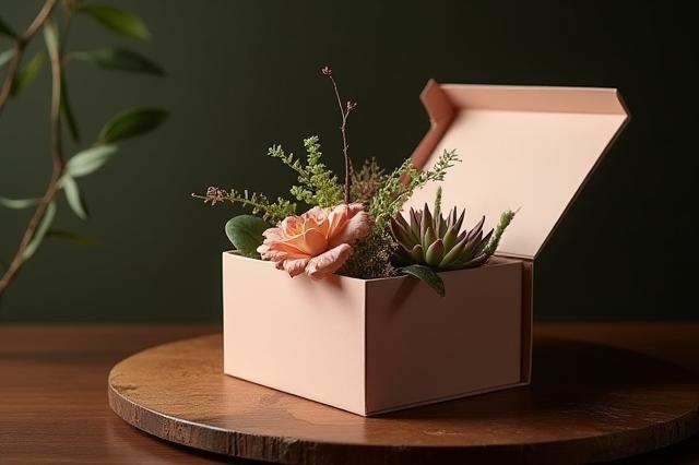 Caja de regalo corporativa con un pequeño arreglo floral y artículos de lujo.